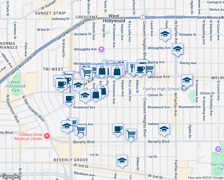 map of restaurants, bars, coffee shops, grocery stores, and more near 546 North Flores Street in West Hollywood