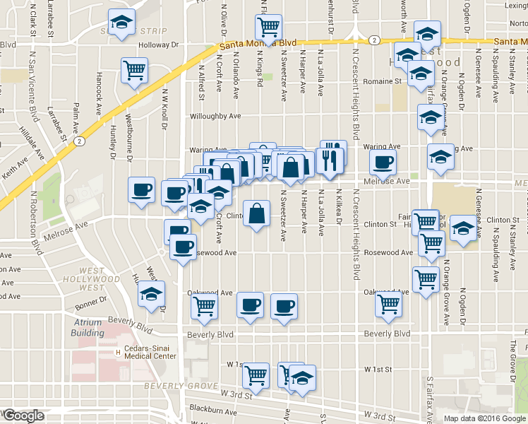 map of restaurants, bars, coffee shops, grocery stores, and more near 546 North Flores Street in West Hollywood