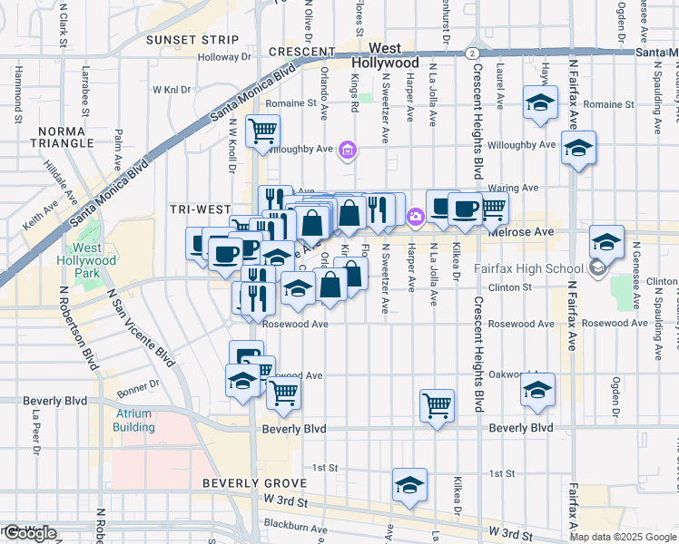 map of restaurants, bars, coffee shops, grocery stores, and more near 547 North Kings Road in West Hollywood
