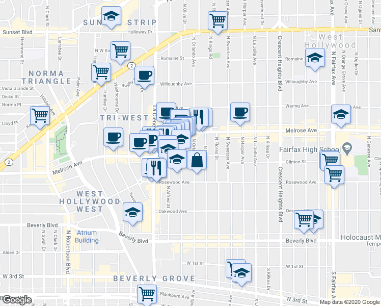 map of restaurants, bars, coffee shops, grocery stores, and more near 548 North Croft Avenue in West Hollywood