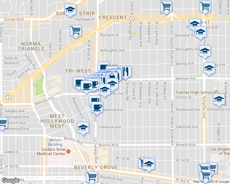 map of restaurants, bars, coffee shops, grocery stores, and more near 548 North Croft Avenue in West Hollywood