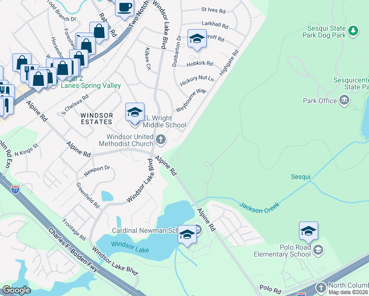 map of restaurants, bars, coffee shops, grocery stores, and more near 9420 Highgate Road in Columbia