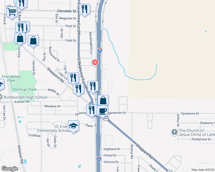 map of restaurants, bars, coffee shops, grocery stores, and more near 907 South Red River Expressway in Burkburnett