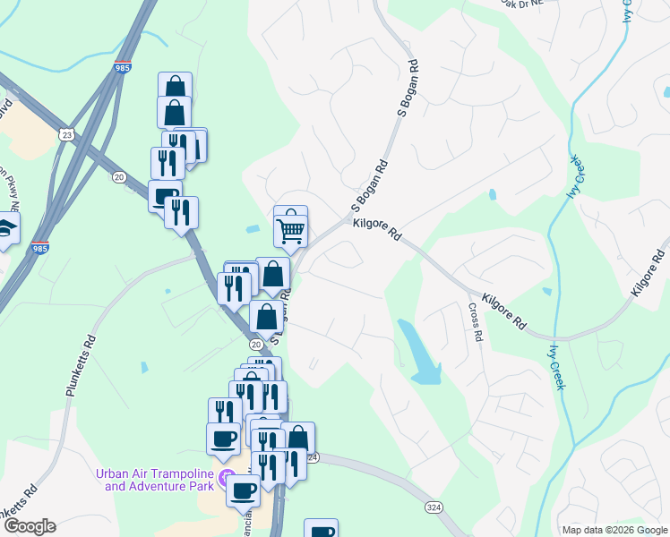 map of restaurants, bars, coffee shops, grocery stores, and more near 3556 Harvest Ridge Lane Northeast in Buford