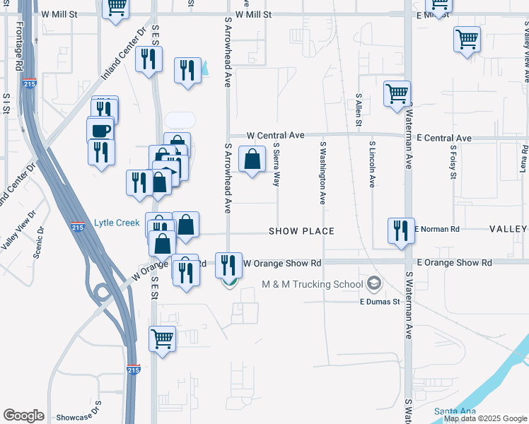 map of restaurants, bars, coffee shops, grocery stores, and more near 145 Hillcrest Avenue in San Bernardino