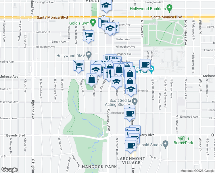 map of restaurants, bars, coffee shops, grocery stores, and more near 615 North Rossmore Avenue in Los Angeles