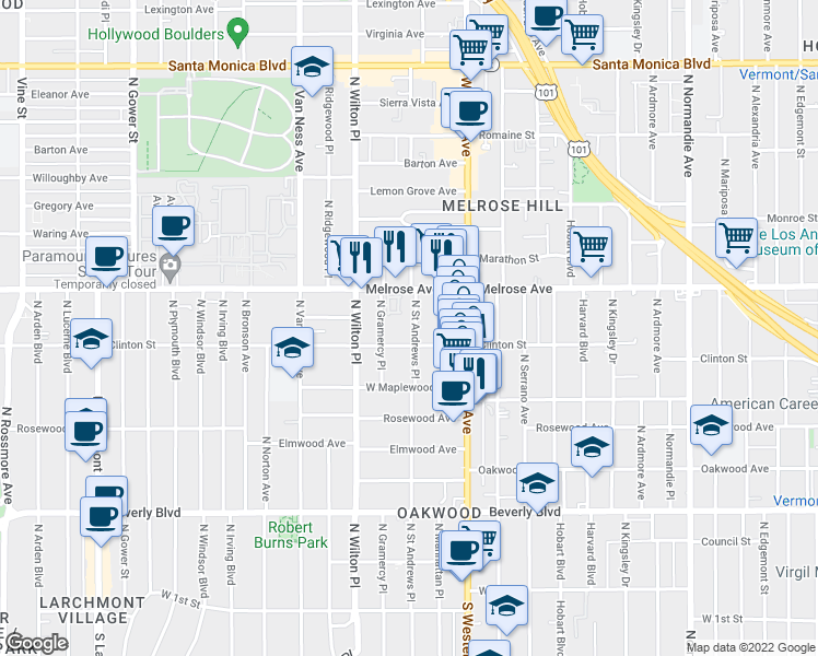 map of restaurants, bars, coffee shops, grocery stores, and more near 617 North Saint Andrews Place in Los Angeles