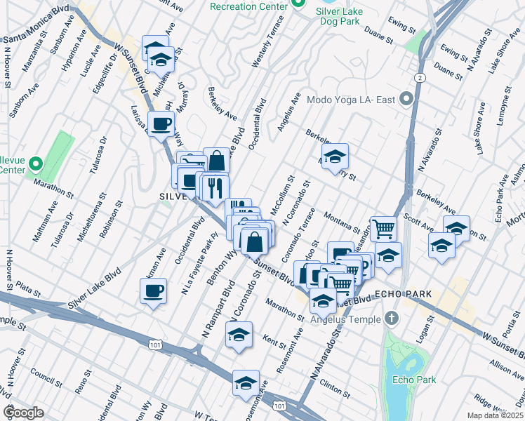 map of restaurants, bars, coffee shops, grocery stores, and more near 2528 Reservoir Street in Los Angeles