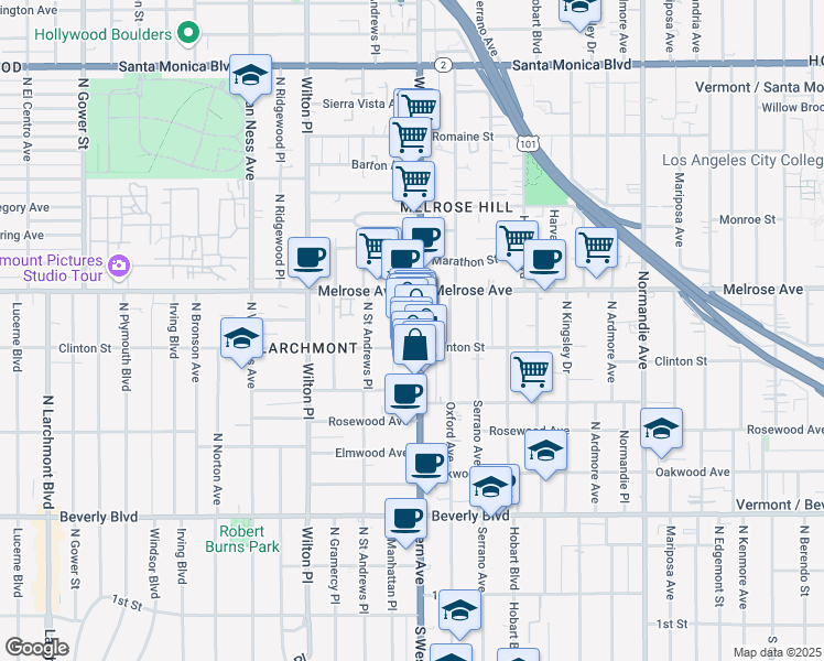 map of restaurants, bars, coffee shops, grocery stores, and more near 559 North Western Avenue in Los Angeles