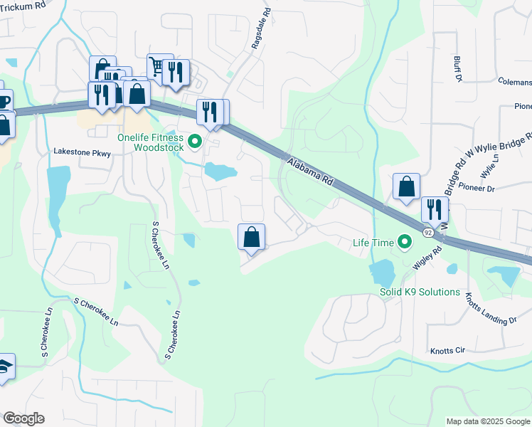 map of restaurants, bars, coffee shops, grocery stores, and more near 155 Marlow Drive in Woodstock