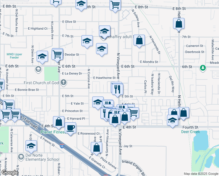 map of restaurants, bars, coffee shops, grocery stores, and more near 1333 North San Diego Avenue in Ontario