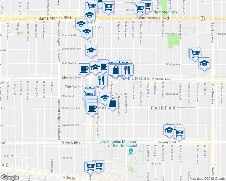 map of restaurants, bars, coffee shops, grocery stores, and more near 614 North Genesee Avenue in Los Angeles