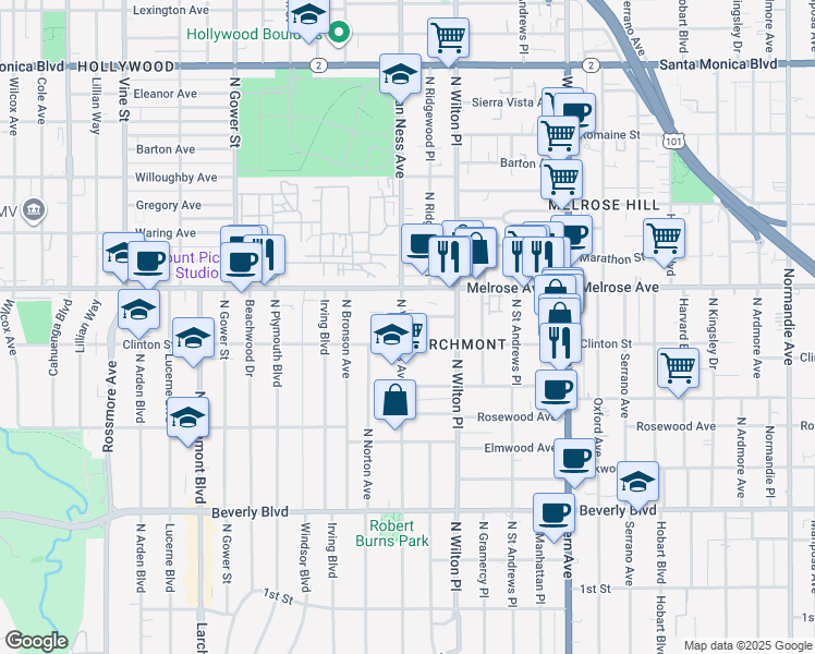 map of restaurants, bars, coffee shops, grocery stores, and more near 5157 La Vista Court in Los Angeles