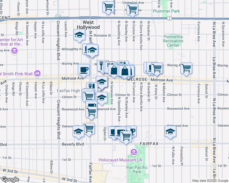 map of restaurants, bars, coffee shops, grocery stores, and more near 614 North Genesee Avenue in Los Angeles