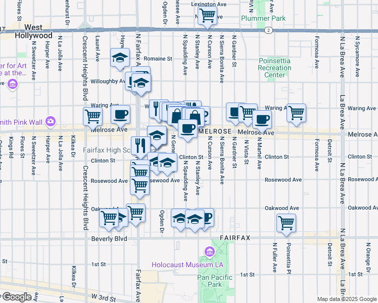map of restaurants, bars, coffee shops, grocery stores, and more near 545 North Spaulding Avenue in Los Angeles