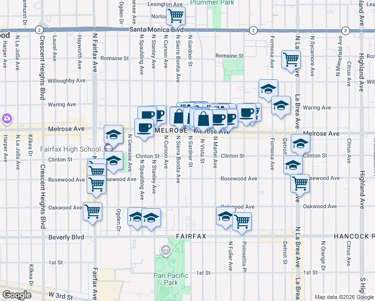 map of restaurants, bars, coffee shops, grocery stores, and more near 613 North Gardner Street in Los Angeles