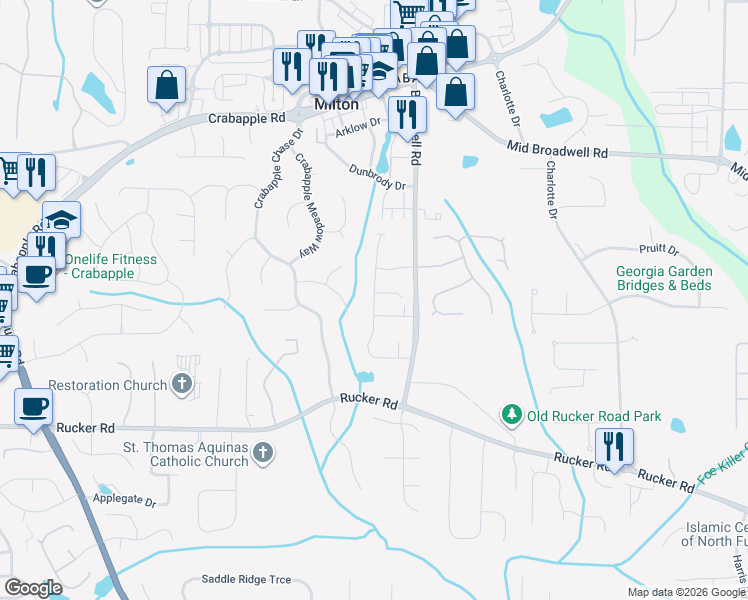 map of restaurants, bars, coffee shops, grocery stores, and more near Beragio Place in Alpharetta