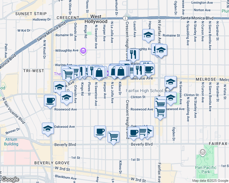 map of restaurants, bars, coffee shops, grocery stores, and more near 622 North La Jolla Avenue in Los Angeles