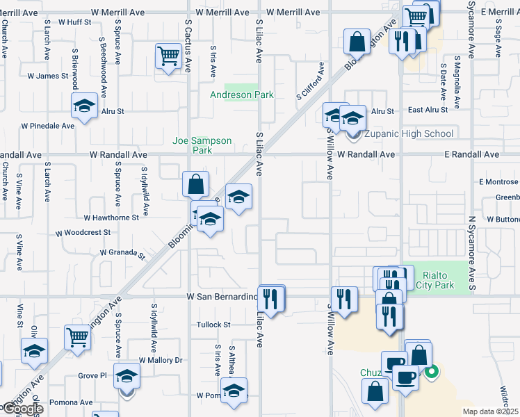 map of restaurants, bars, coffee shops, grocery stores, and more near 1050 South Lilac Avenue in Rialto