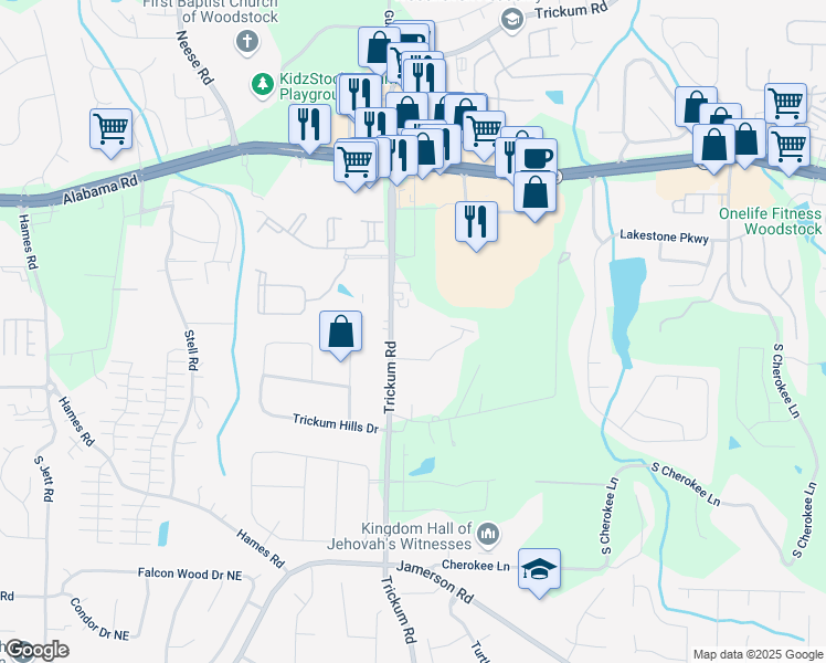 map of restaurants, bars, coffee shops, grocery stores, and more near 3385 Trickum Road in Woodstock