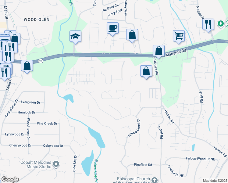 map of restaurants, bars, coffee shops, grocery stores, and more near 1600 Buckingham Place in Woodstock
