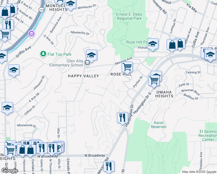 map of restaurants, bars, coffee shops, grocery stores, and more near 3216 Amethyst Street in Los Angeles