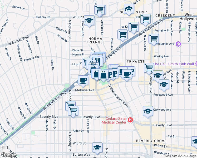 map of restaurants, bars, coffee shops, grocery stores, and more near 647 N San Vicente Blvd in West Hollywood