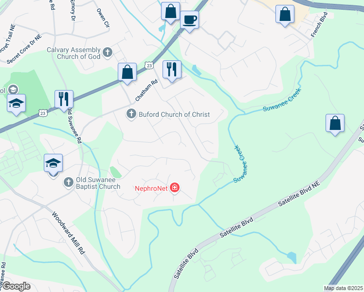 map of restaurants, bars, coffee shops, grocery stores, and more near 4149 Chatham View Drive in Buford