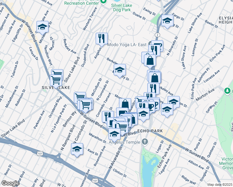map of restaurants, bars, coffee shops, grocery stores, and more near 1409 Waterloo Street in Los Angeles