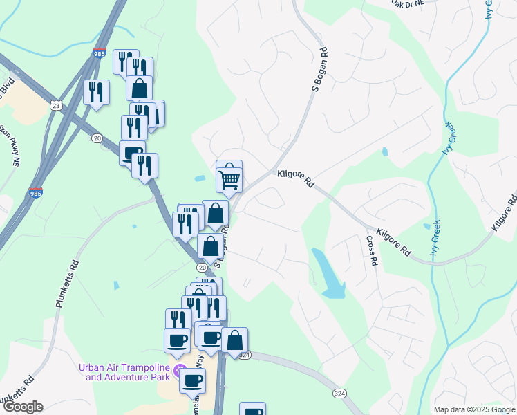 map of restaurants, bars, coffee shops, grocery stores, and more near 1990 Harvest Ridge Circle Northeast in Buford
