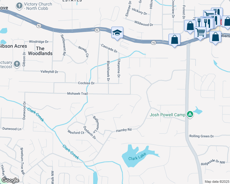 map of restaurants, bars, coffee shops, grocery stores, and more near 2300 Mohawk Trail in Acworth
