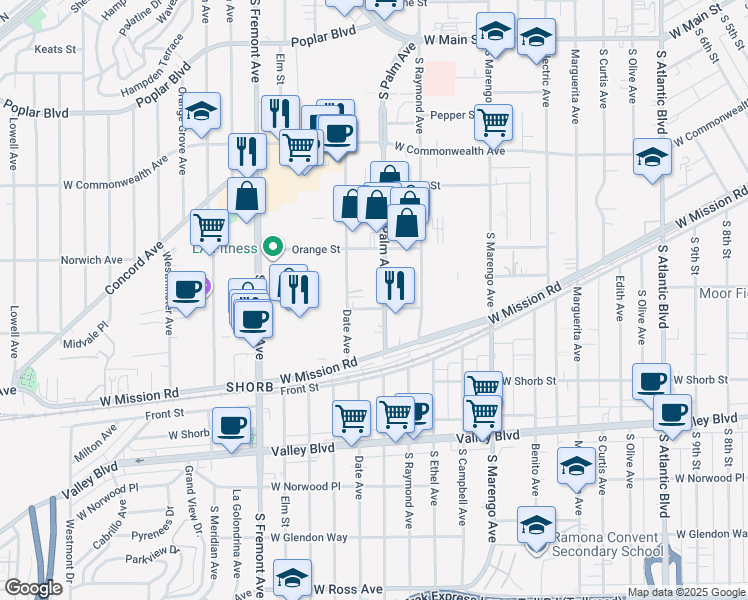 map of restaurants, bars, coffee shops, grocery stores, and more near 700 Date Ave in Alhambra