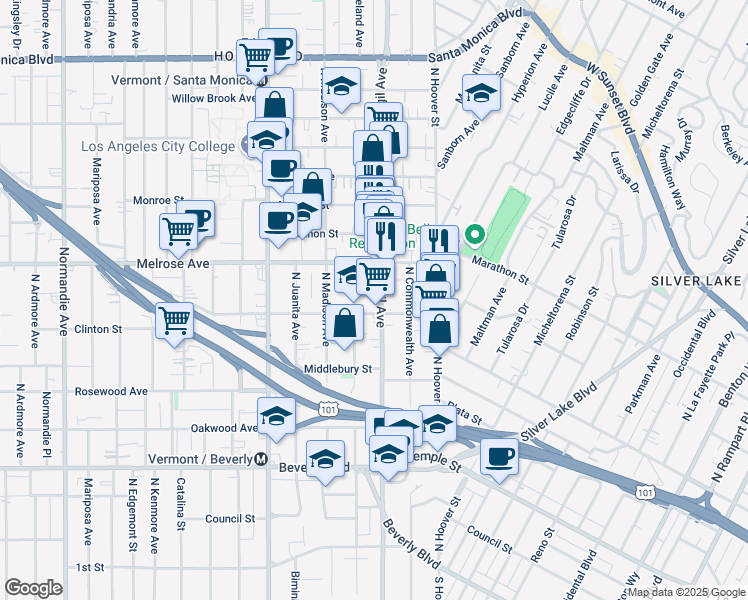 map of restaurants, bars, coffee shops, grocery stores, and more near in Los Angeles