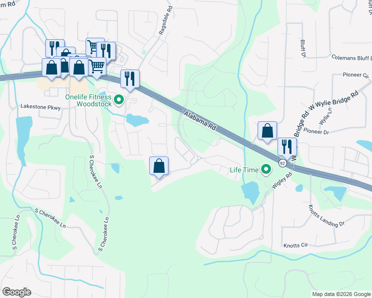map of restaurants, bars, coffee shops, grocery stores, and more near 313 Glens Way in Woodstock