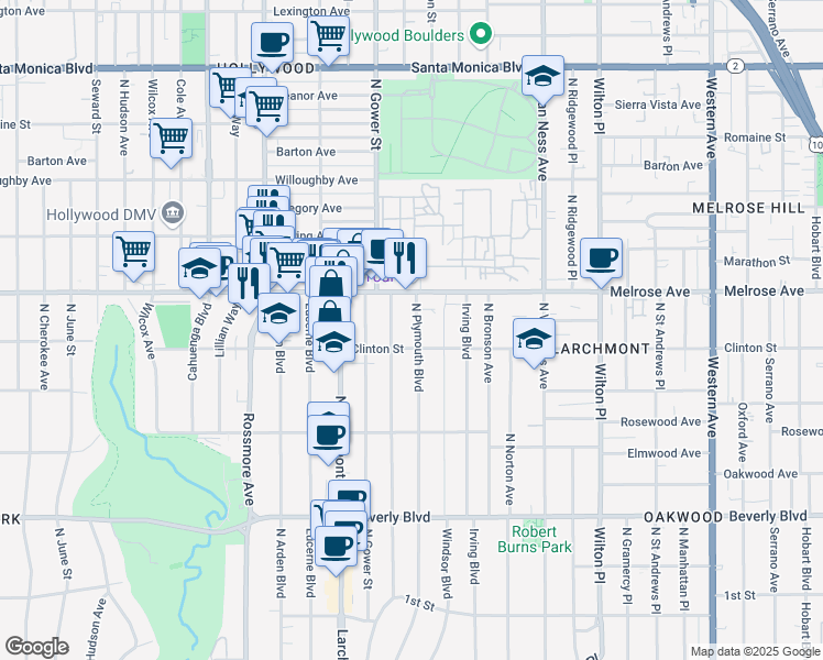 map of restaurants, bars, coffee shops, grocery stores, and more near 617 North Plymouth Boulevard in Los Angeles