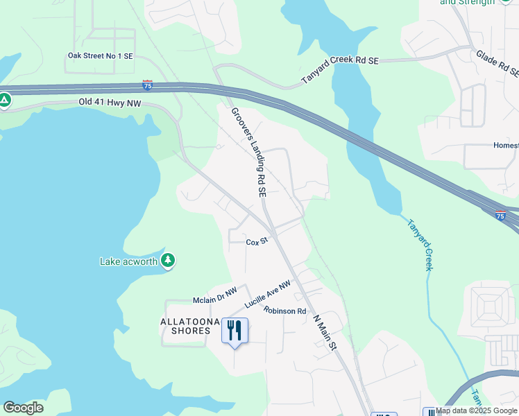 map of restaurants, bars, coffee shops, grocery stores, and more near 5185 Groovers Landing Road Southeast in Acworth