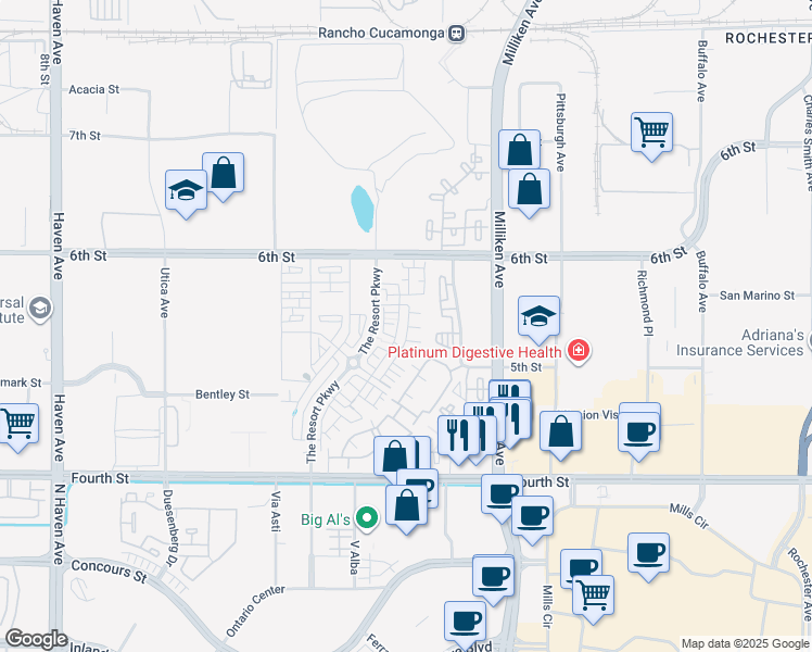 map of restaurants, bars, coffee shops, grocery stores, and more near 9439 Retreat Place in Rancho Cucamonga