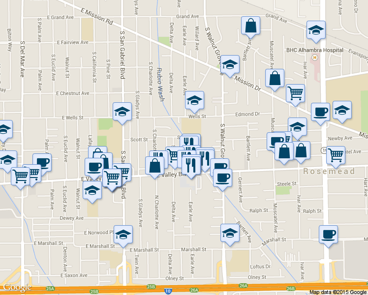 map of restaurants, bars, coffee shops, grocery stores, and more near 1400 South Delta Street in San Gabriel