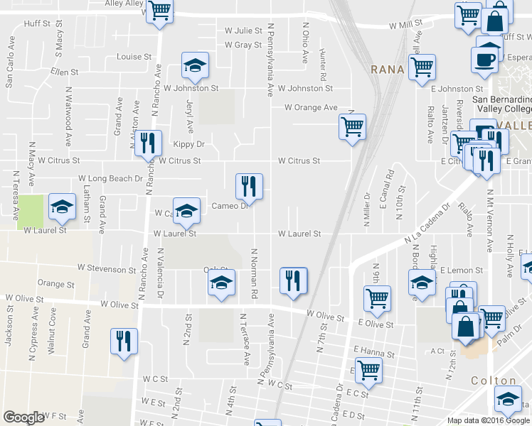 map of restaurants, bars, coffee shops, grocery stores, and more near 1337 Pennsylvania Avenue in Colton
