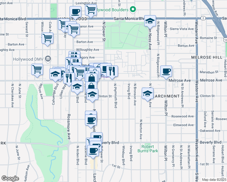 map of restaurants, bars, coffee shops, grocery stores, and more near 617 North Plymouth Boulevard in Los Angeles