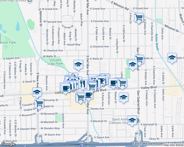 map of restaurants, bars, coffee shops, grocery stores, and more near 1404 South Del Mar Avenue in San Gabriel