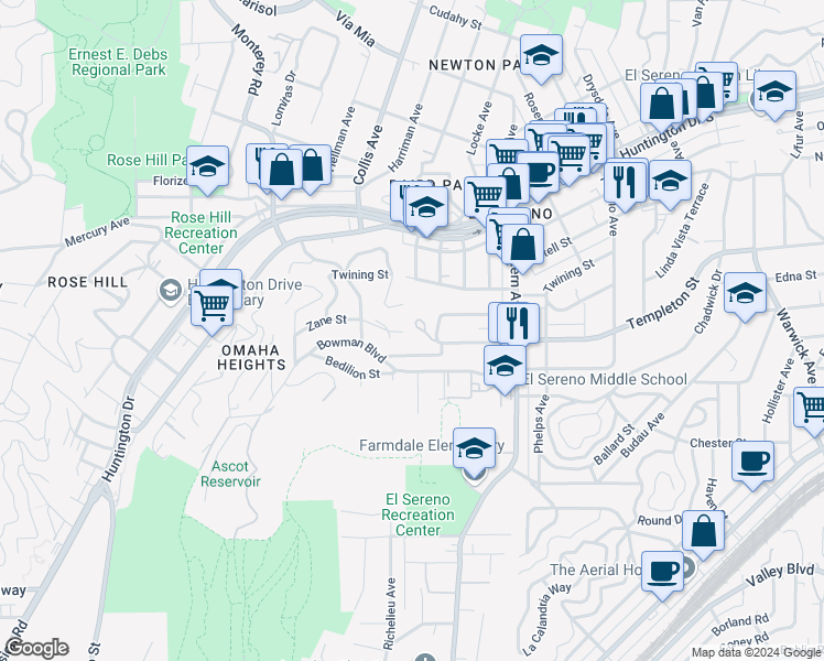 map of restaurants, bars, coffee shops, grocery stores, and more near in Los Angeles County