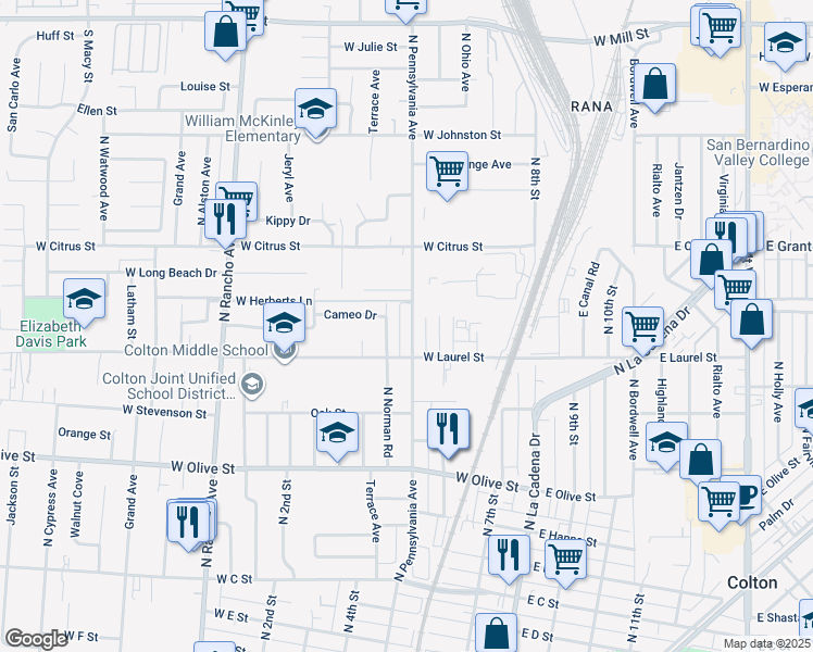 map of restaurants, bars, coffee shops, grocery stores, and more near 1337 Pennsylvania Avenue in Colton