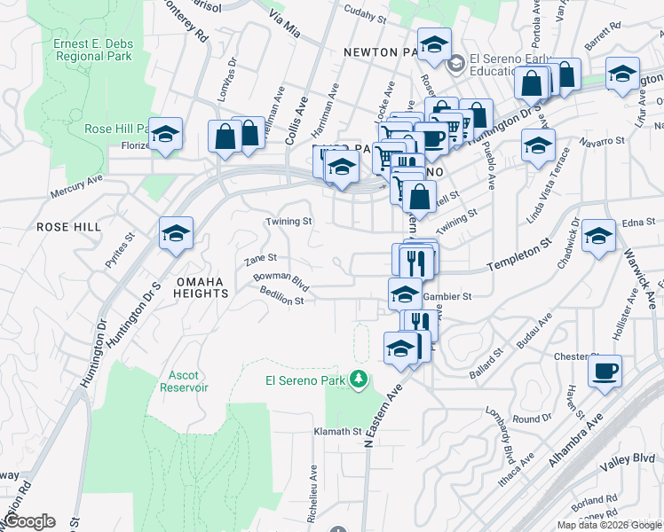 map of restaurants, bars, coffee shops, grocery stores, and more near 4750 Templeton Street in Los Angeles