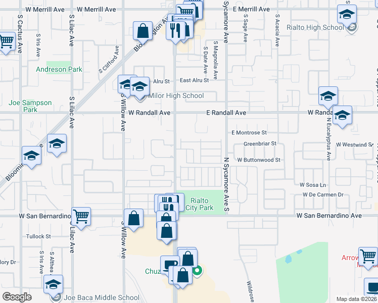 map of restaurants, bars, coffee shops, grocery stores, and more near 1025 South Riverside Avenue in Rialto