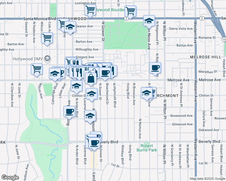 map of restaurants, bars, coffee shops, grocery stores, and more near 617 North Plymouth Boulevard in Los Angeles
