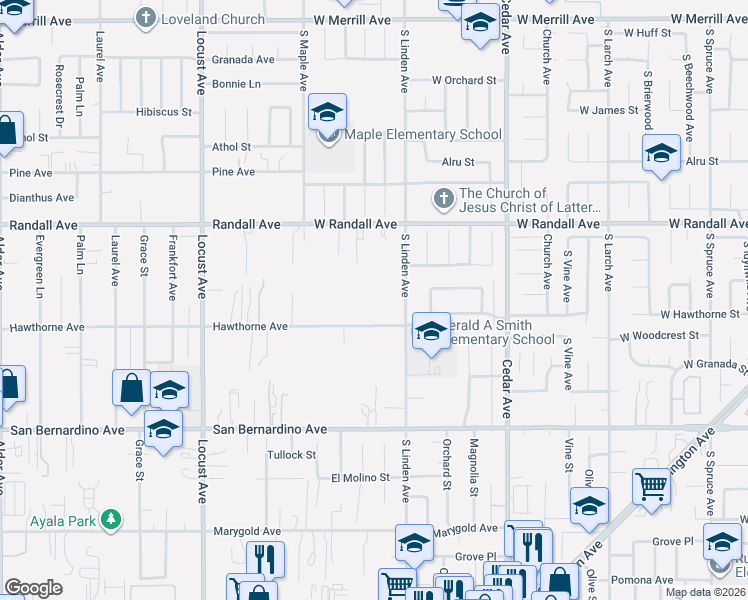 map of restaurants, bars, coffee shops, grocery stores, and more near 18438 Hawthorne Avenue in Bloomington