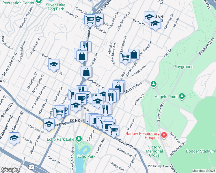 map of restaurants, bars, coffee shops, grocery stores, and more near 1556 Lemoyne Street in Los Angeles