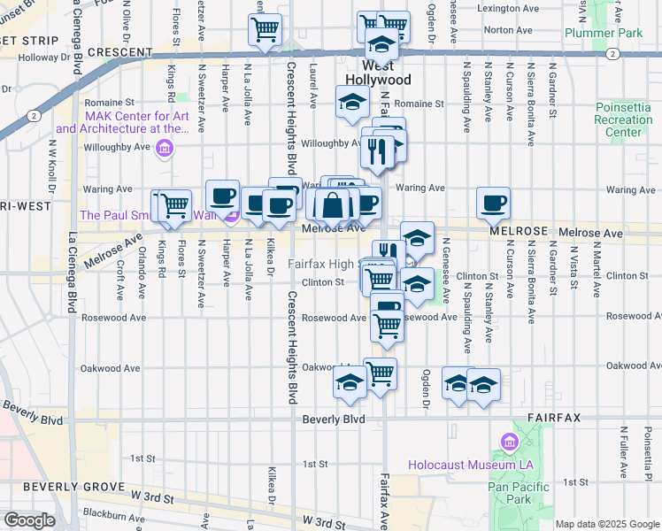 map of restaurants, bars, coffee shops, grocery stores, and more near 623 North Edinburgh Avenue in West Hollywood