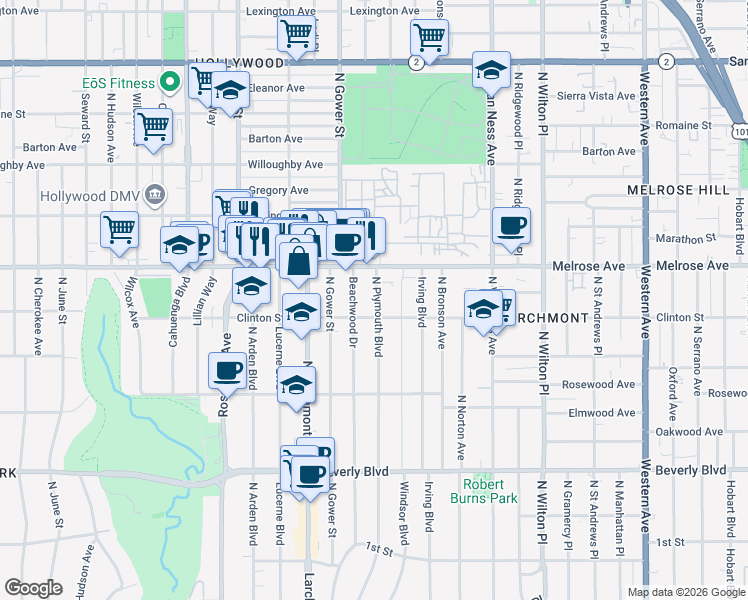 map of restaurants, bars, coffee shops, grocery stores, and more near 619 North Plymouth Boulevard in Los Angeles